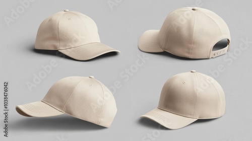 collection of beige Baseball Cap in Angles View Front and Back Mockup