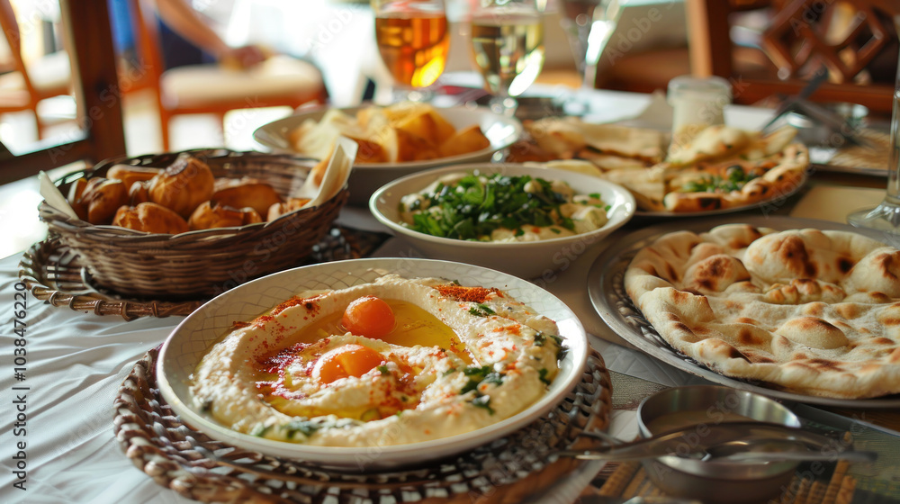 A traditional Turkish table set with a variety of mezes, including hummus, baba ganoush, and freshly baked flatbread. A traditional Turkish table set with a variety of mezes, including hummus, baba ganoush, and freshly baked flatbread.