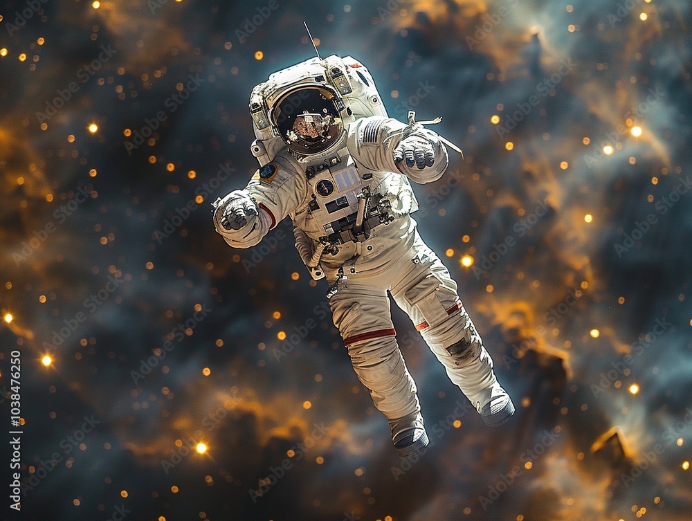 Fototapeta premium An astronaut floats in space against a backdrop of stars and cosmic clouds.