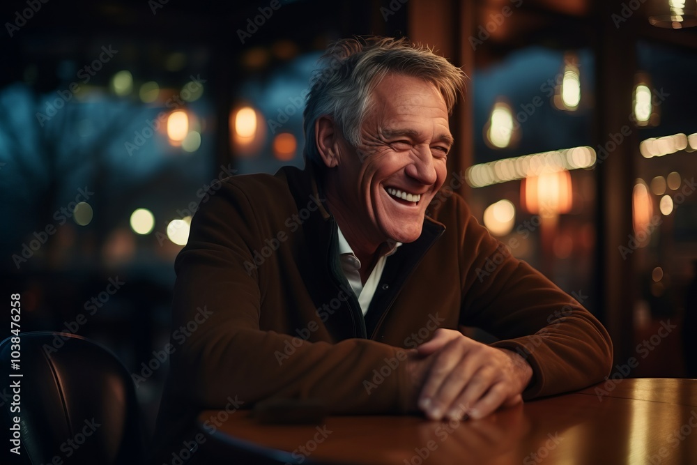 Portrait of happy senior man laughing while sitting in a cafe at night Portrait of happy senior man laughing while sitting in a cafe at night