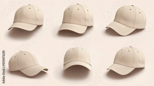 collection of beige Baseball Cap in Angles View Front and Back Mockup