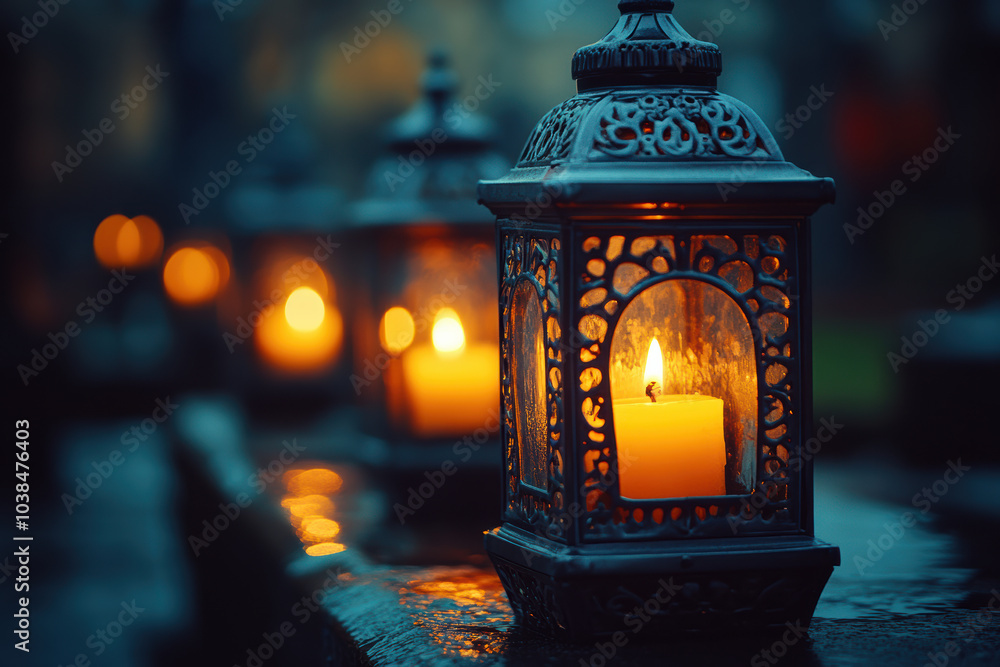 Blurred Background of Cemetery Lanterns with Candles Blurred Background of Cemetery Lanterns with Candles