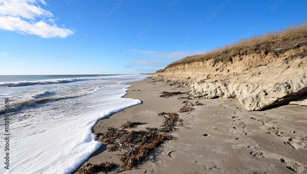 A serene beach scene with waves and sandy shore under a clear sky. A serene beach scene with waves and sandy shore under a clear sky.