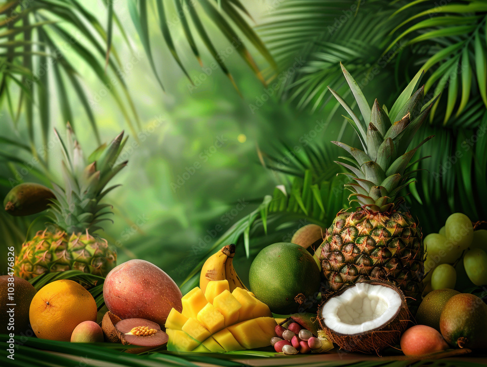 A tropical fruit background featuring exotic fruits like coconuts, pineapples, and mangoes, set against a lush green jungle backdrop with soft, natural lighting A tropical fruit background featuring exotic fruits like coconuts, pineapples, and mangoes, set against a lush green jungle backdrop with soft, natural lighting