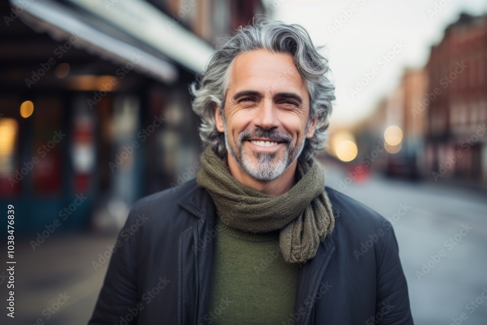 Portrait of handsome middle-aged man with grey hair in the city. Portrait of handsome middle-aged man with grey hair in the city.