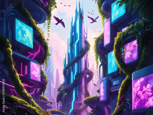 A vibrant futuristic cityscape intertwines nature and technology under a pastel sky filled with birds at dawn photo