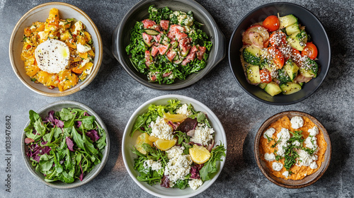 Fresh and vibrant salad bowls featuring greens and vegetables on a dark table setting