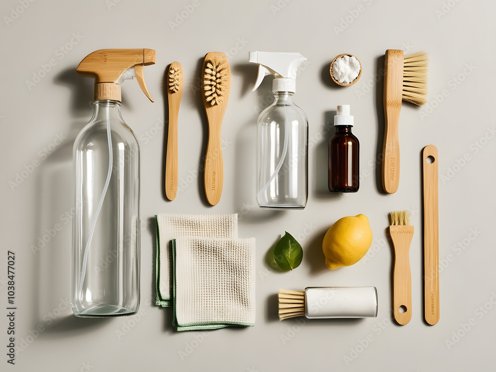Natural cleaning essentials arranged artfully with lemon and eco-friendly tools on a light backdrop, perfect for a sustainable home Natural cleaning essentials arranged artfully with lemon and eco-friendly tools on a light backdrop, perfect for a sustainable home