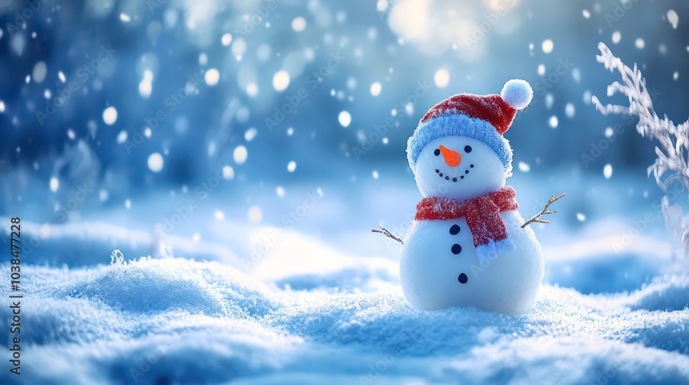 A cheerful snowman wearing a red hat and scarf stands in a snowy landscape with falling snow.