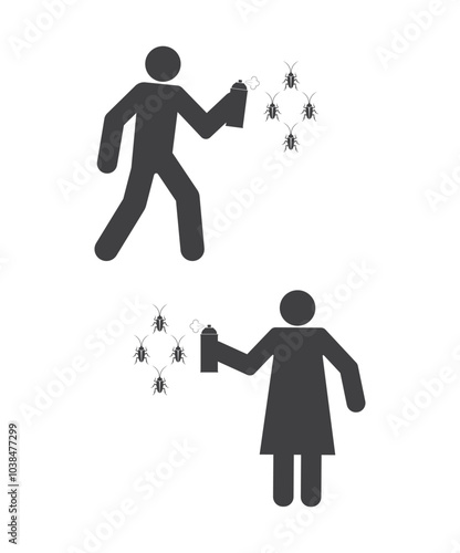 man woman with aerosol spray repellent and cockroach insect