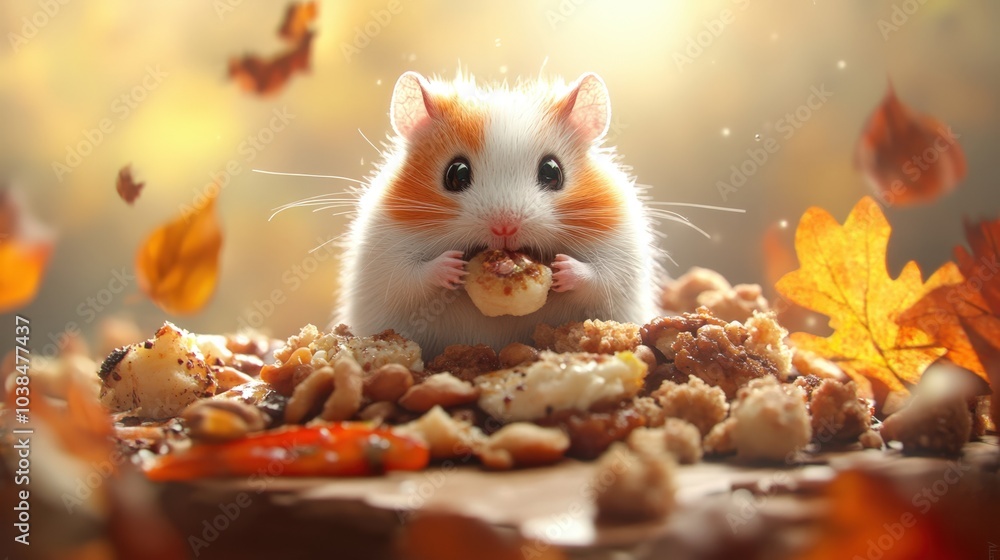 Cute hamster eating autumn leaves and nuts Cute hamster eating autumn leaves and nuts