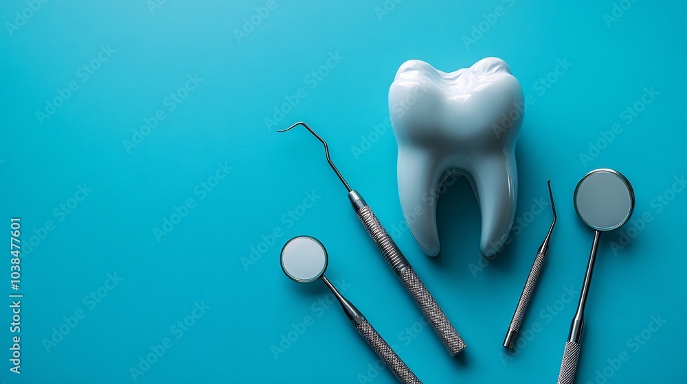 Top view of dental model paired with modern dental tools neatly arranged on a blue background with clean design leaving space for educational or promotional text about dental care Top view of dental model paired with modern dental tools neatly arranged on a blue background with clean design leaving space for educational or promotional text about dental care