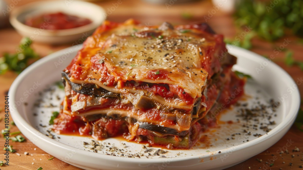 A vegan adaptation of a classic Italian lasagna, with layers of plant-based cheese, vegetables, and rich tomato sauce, beautifully plated. A vegan adaptation of a classic Italian lasagna, with layers of plant-based cheese, vegetables, and rich tomato sauce, beautifully plated.