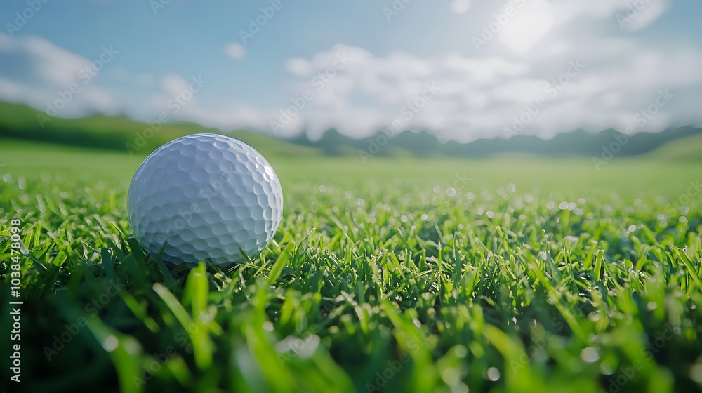 Golf ball on tee amidst lush green grass under a blue sky, close-up view of sports equipment in an outdoor golf course scene with high detail and realistic texture.