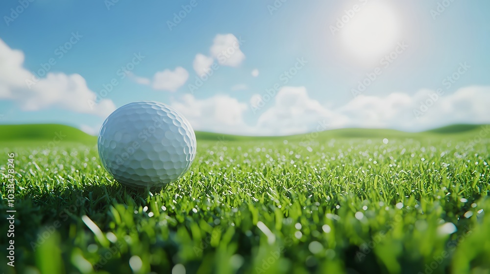 Golf ball on tee amidst lush green grass under a blue sky, close-up view of sports equipment in an outdoor golf course scene with high detail and realistic texture. Golf ball on tee amidst lush green grass under a blue sky, close-up view of sports equipment in an outdoor golf course scene with high detail and realistic texture.