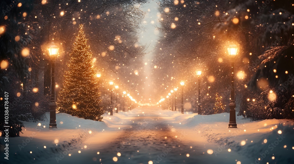 Illuminated Christmas tree on a snowy path with festive street lights, winter wonderland scene with falling snow, glowing bokeh, evening atmosphere, holiday decorations, warm golden lights. Illuminated Christmas tree on a snowy path with festive street lights, winter wonderland scene with falling snow, glowing bokeh, evening atmosphere, holiday decorations, warm golden lights.