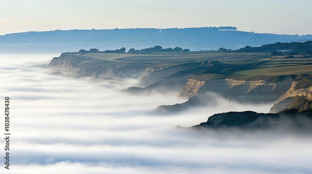 Misty Cliffs Over a Serene Landscape at Dawn Misty Cliffs Over a Serene Landscape at Dawn