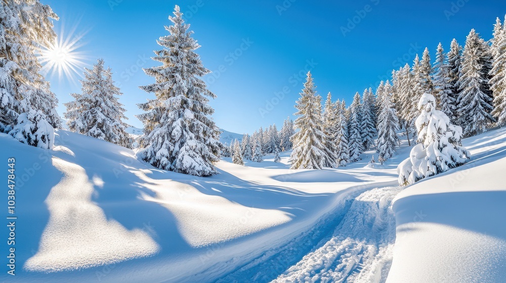 Obraz premium Serene Winter Landscape with Snow-Covered Pine Trees