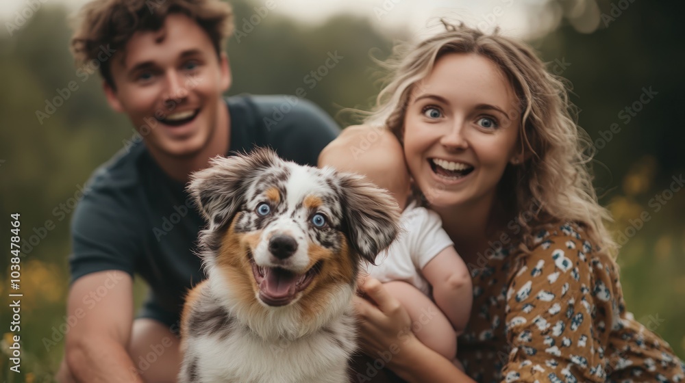 happy couple with their adorable dog in nature happy couple with their adorable dog in nature