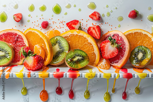 A vibrant arrangement of sliced fruits, including oranges, kiwi, and strawberries, displayed on a white platter with colorful juices dripping from the slices photo