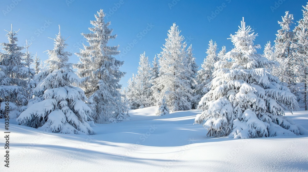 Fototapeta premium Serene Snowy Winter Landscape with Pine Trees