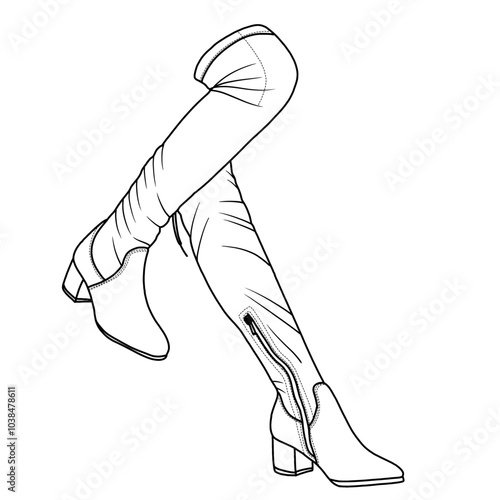 Women's Over The Knee Thigh High Chunky Heel Boots Long Stretch Sexy Boots Line art, Technical sketch hand drawing outline vector doodle illustration side isometric view isolated on white background