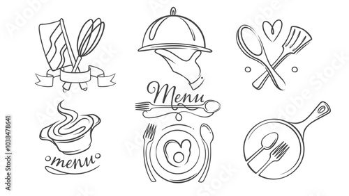 Menu icons set, restaurant order retro logo design. Funny doodle chefs tools and cutlery for serving food, hand drawn catering, service logotype collection. Food menu icons vector illustration