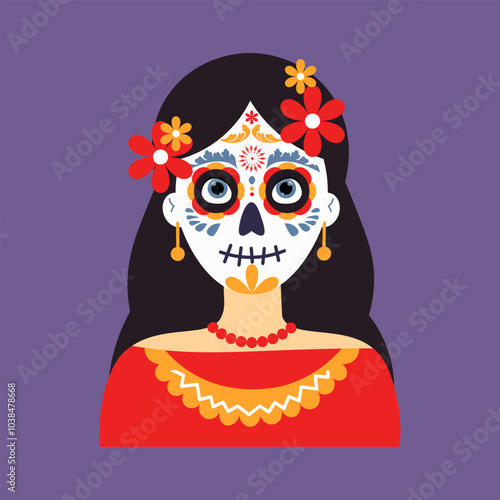 Day of the dead, Mexican festival. Vector female white skull with flowers