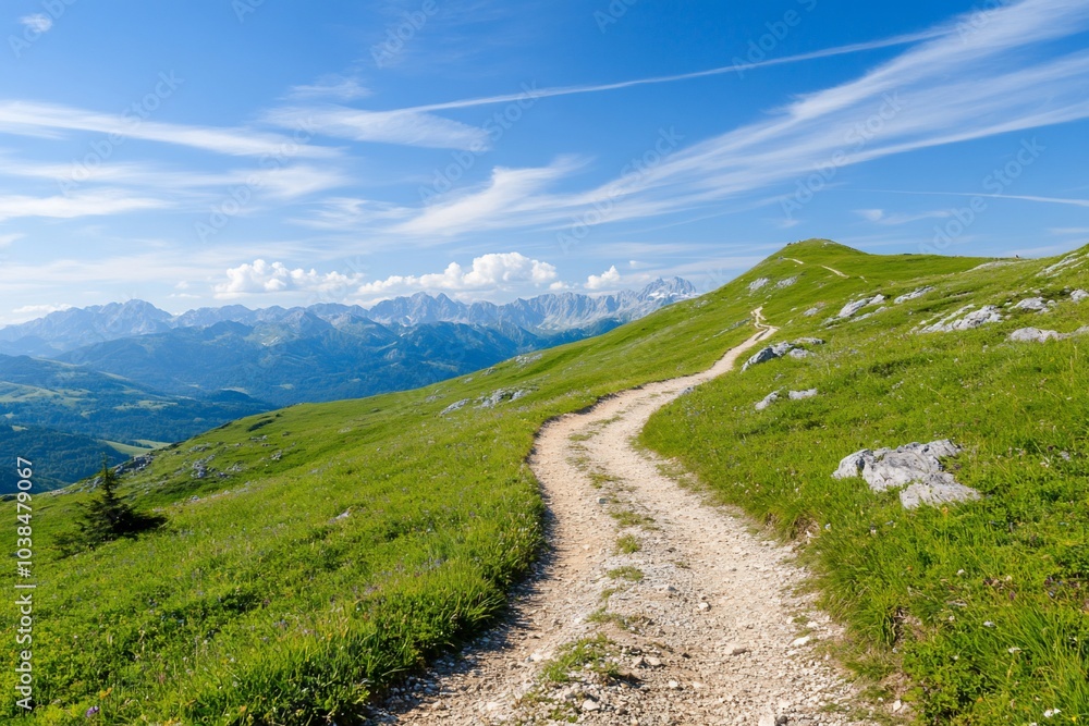Scenic mountain path winding through lush green hills under a blue sky. Scenic mountain path winding through lush green hills under a blue sky.