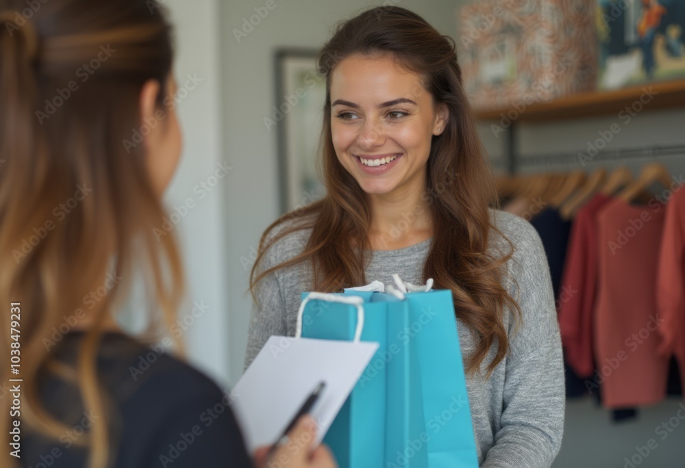 A cheerful woman smiles as she holds blue shopping bags in a clothing store, highlighting happiness, shopping, and retail. The image emphasizes consumerism and fashion. A cheerful woman smiles as she holds blue shopping bags in a clothing store, highlighting happiness, shopping, and retail. The image emphasizes consumerism and fashion.