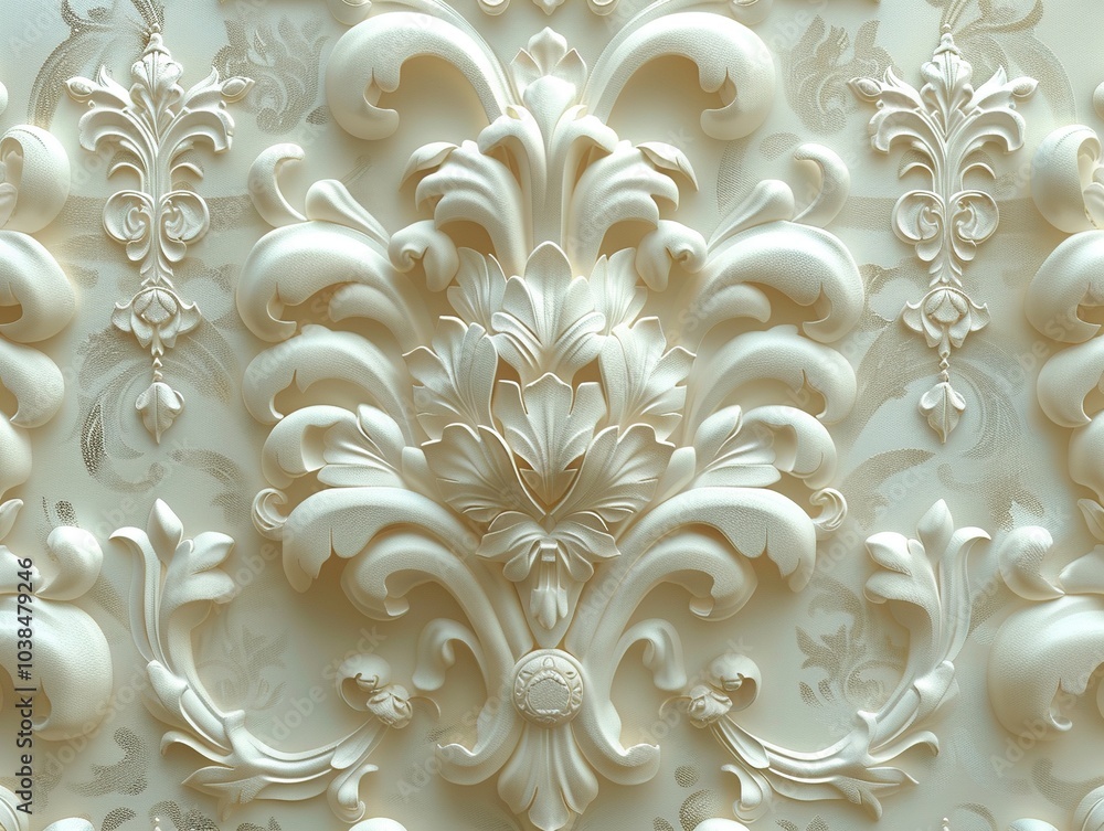 Ornate relief design featuring intricate floral patterns in a soft cream color. Ornate relief design featuring intricate floral patterns in a soft cream color.