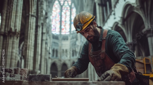 construction worker repairing historic cathedral