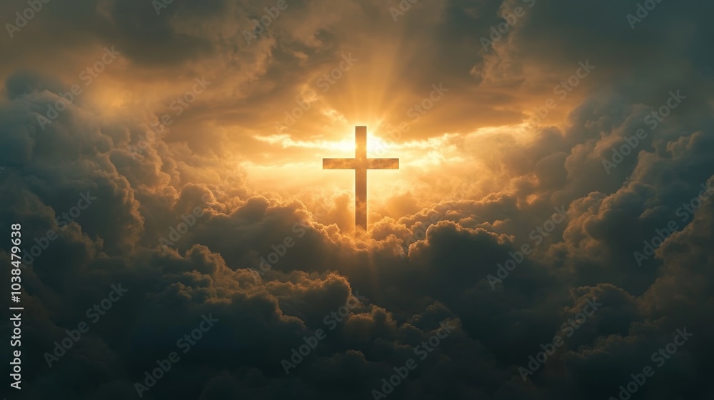 Illuminated cross against a dramatic sky with striking sunbeams and ethereal atmosphere Illuminated cross against a dramatic sky with striking sunbeams and ethereal atmosphere
