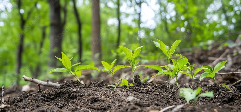 Fresh green seedlings emerging from rich soil in a forested area. Fresh green seedlings emerging from rich soil in a forested area.