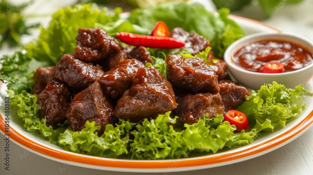 A plate of beef cubes with lettuce and a side of spicy chili sauce. A plate of beef cubes with lettuce and a side of spicy chili sauce.