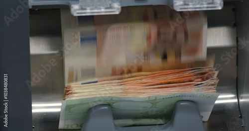 сash money euros into banknote counter. High quality video 6k 4:2:2 10bit downscale 4k 