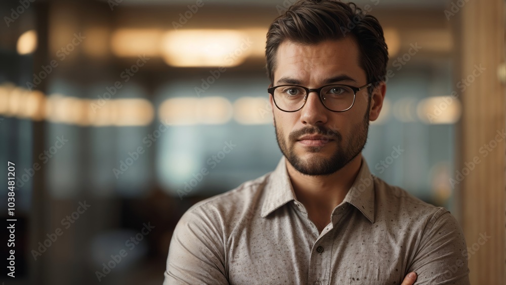 Man with Glasses and a Shirt in a Cafe Man with Glasses and a Shirt in a Cafe