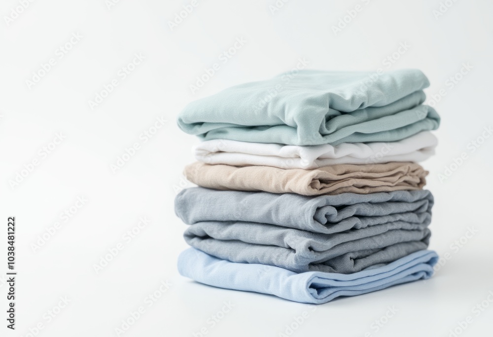 A neat stack of soft folded towels in pastel colors sits on a clean white surface, highlighting cleanliness, organization, and home comfort. A neat stack of soft folded towels in pastel colors sits on a clean white surface, highlighting cleanliness, organization, and home comfort.