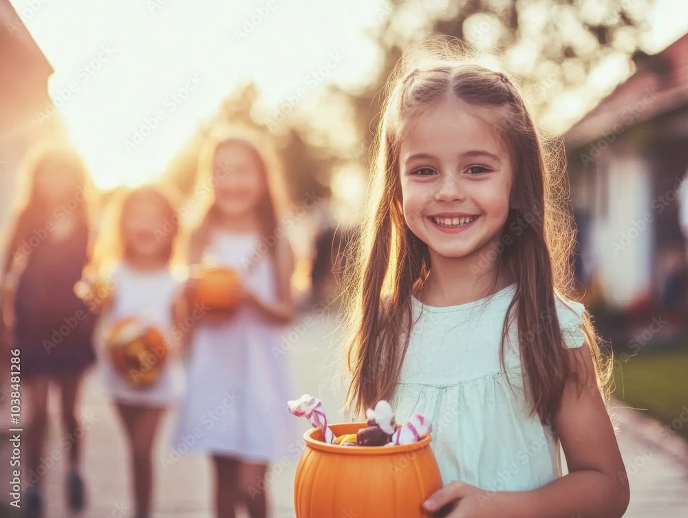 Fototapeta premium Kids showing off their Halloween candy buckets shaped like pumpkins festive decorations in the background