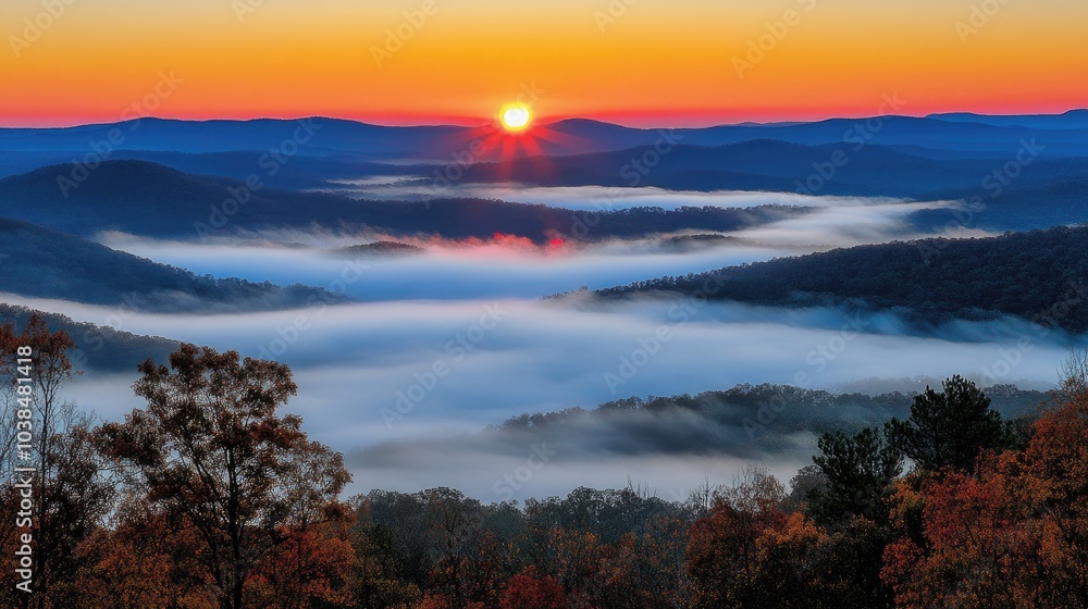 Stunning Sunrise Over Foggy Valley Landscape Stunning Sunrise Over Foggy Valley Landscape