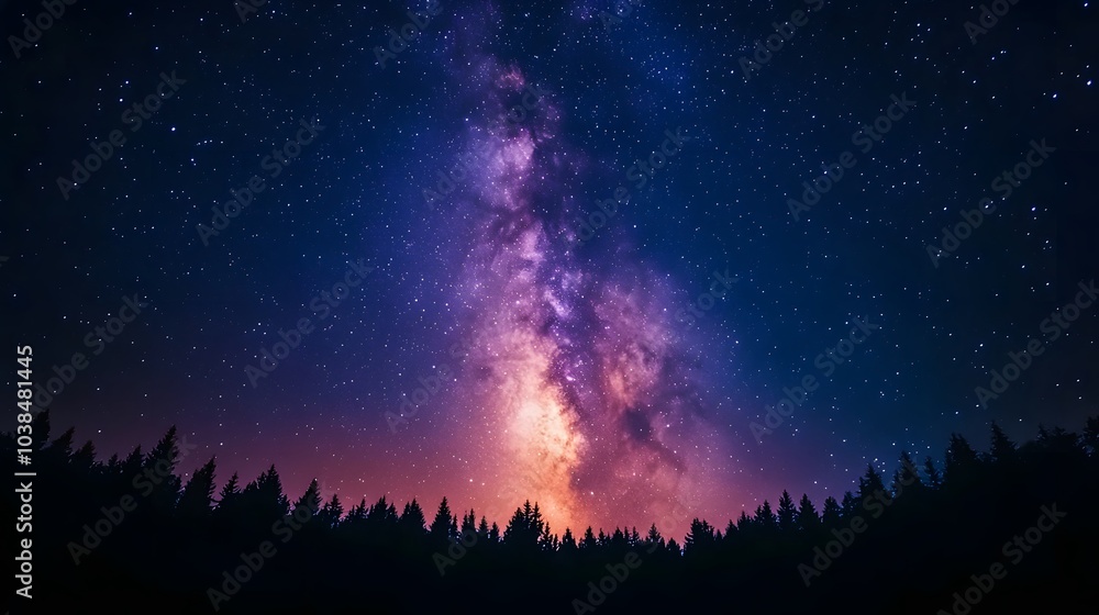 Night sky featuring the vibrant Milky Way galaxy and pine forest silhouette, starry cosmos with colorful nebula, creating a mystical atmosphere in high-resolution astrophotography. Night sky featuring the vibrant Milky Way galaxy and pine forest silhouette, starry cosmos with colorful nebula, creating a mystical atmosphere in high-resolution astrophotography.