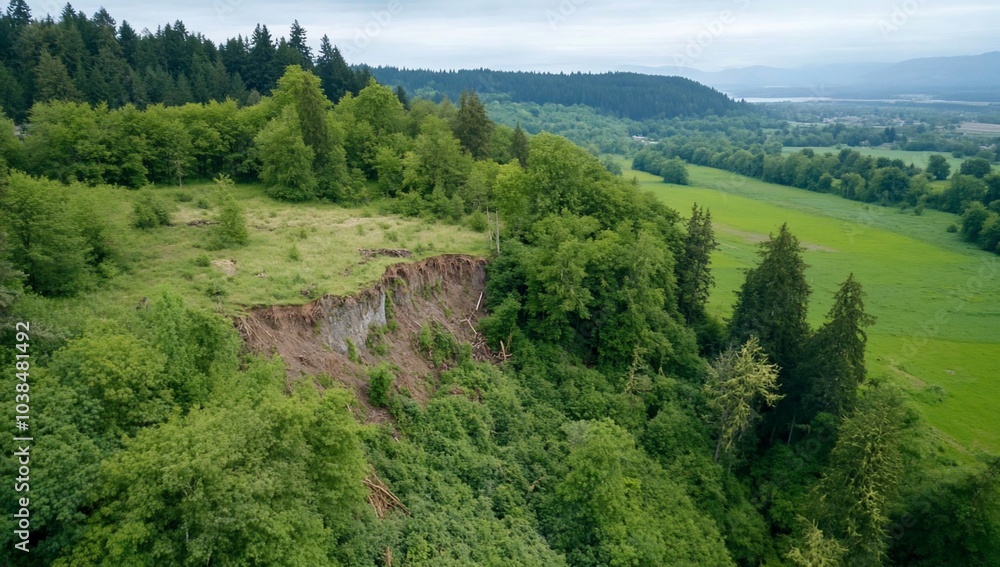 Aerial view of a forested landscape with a noticeable land erosion area. Aerial view of a forested landscape with a noticeable land erosion area.
