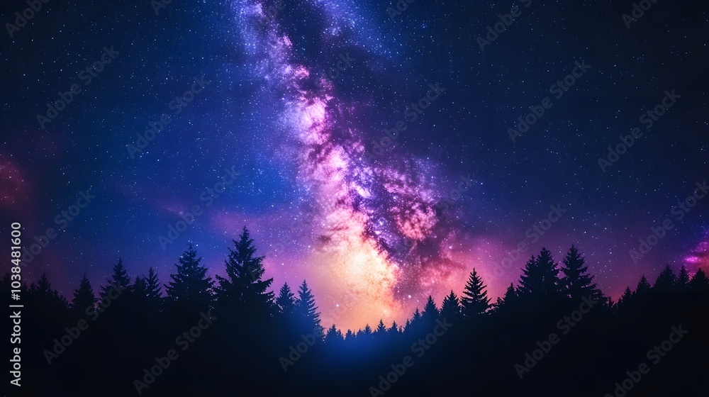 Night sky featuring the vibrant Milky Way galaxy and pine forest silhouette, starry cosmos with colorful nebula, creating a mystical atmosphere in high-resolution astrophotography. Night sky featuring the vibrant Milky Way galaxy and pine forest silhouette, starry cosmos with colorful nebula, creating a mystical atmosphere in high-resolution astrophotography.