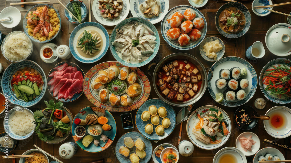 A vibrant table filled with iconic Asian dishes like sushi, pho, and dim sum, showcasing the diverse flavors of the continent. A vibrant table filled with iconic Asian dishes like sushi, pho, and dim sum, showcasing the diverse flavors of the continent.
