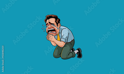 Frustrated man kneeling and crying with intense emotion.