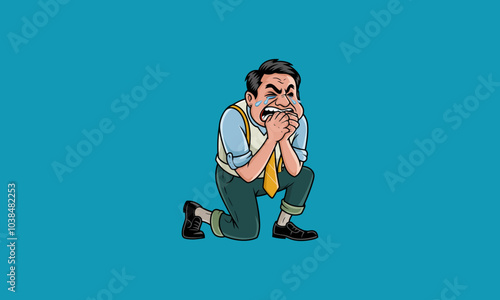 Frustrated man kneeling and crying with intense emotion.