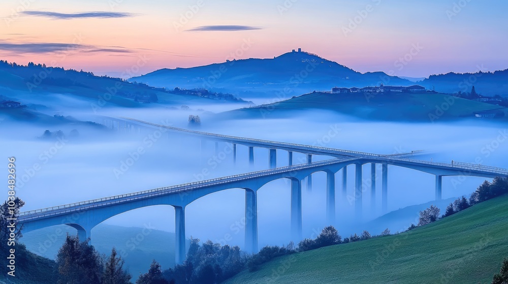 Serene Bridge in Misty Landscape at Dawn Serene Bridge in Misty Landscape at Dawn