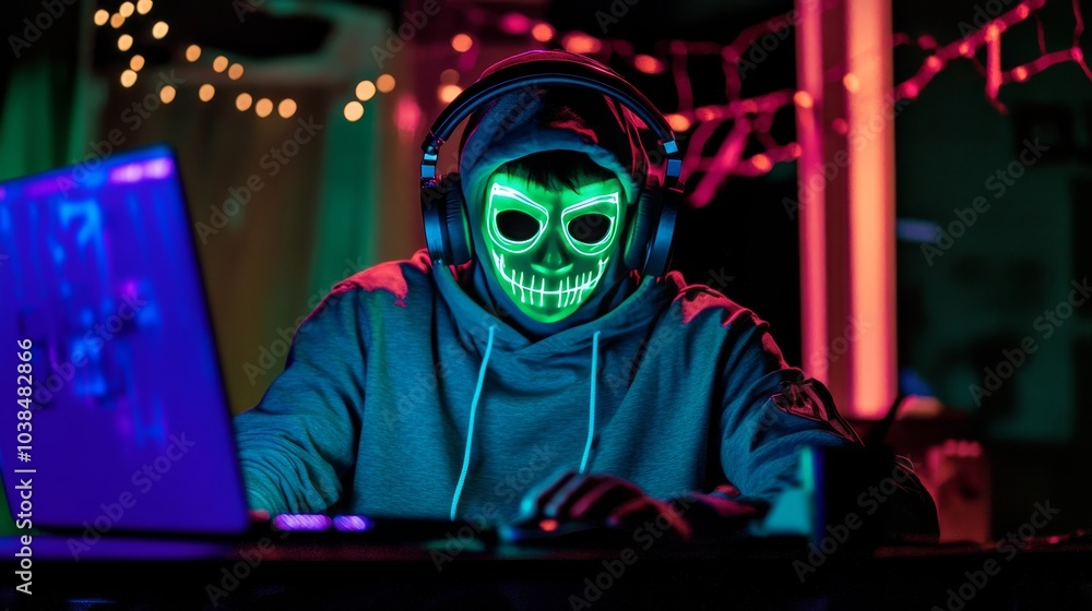 Mysterious hacker donning a neon green mask, intensely focused on laptop in a shadowy room Mysterious hacker donning a neon green mask, intensely focused on laptop in a shadowy room