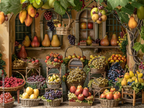 A whimsical scene of a tiny marketplace filled with miniature baskets of fruits like grapes, pears, and berries, each fruit rendered in perfect detail