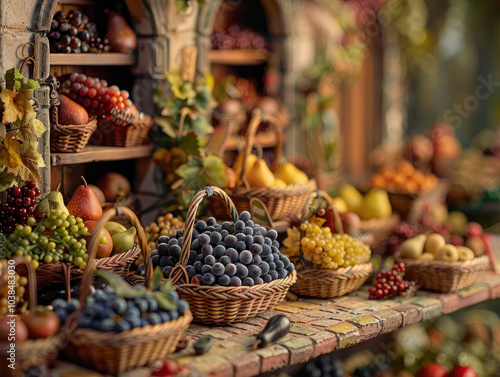 A whimsical scene of a tiny marketplace filled with miniature baskets of fruits like grapes, pears, and berries, each fruit rendered in perfect detail